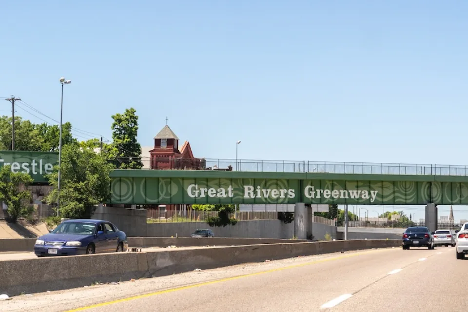 Great Rivers Greenway bike trail bridge over highway in St. Louis, Missouri.